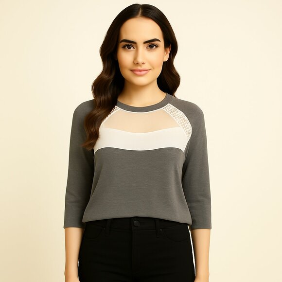Millibon grey knit top w sheer accent neckline Lace trim Size Small - Picture 1 of 6